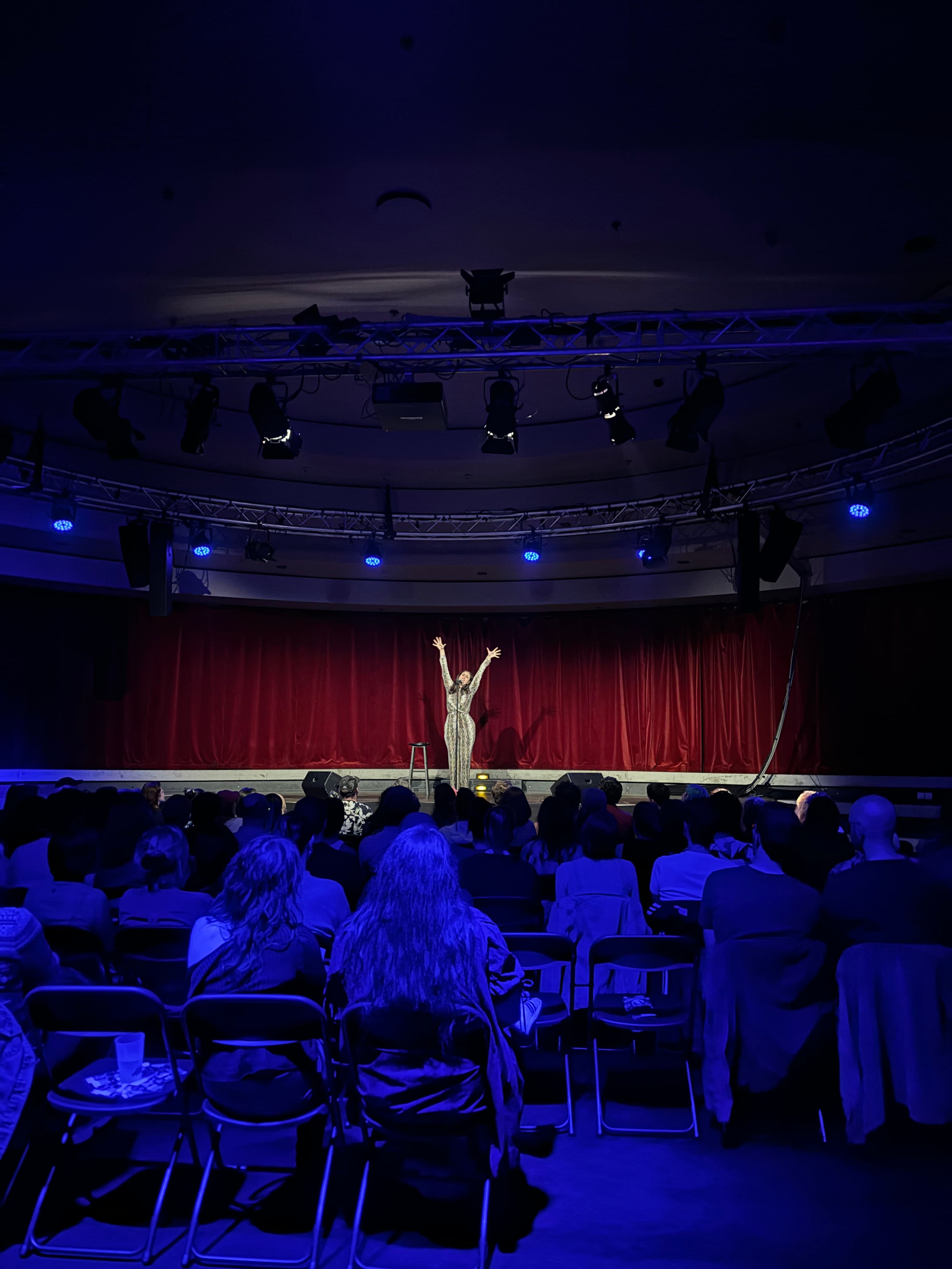 Espetáculo de stand-up — vista do palco com artista e audiência